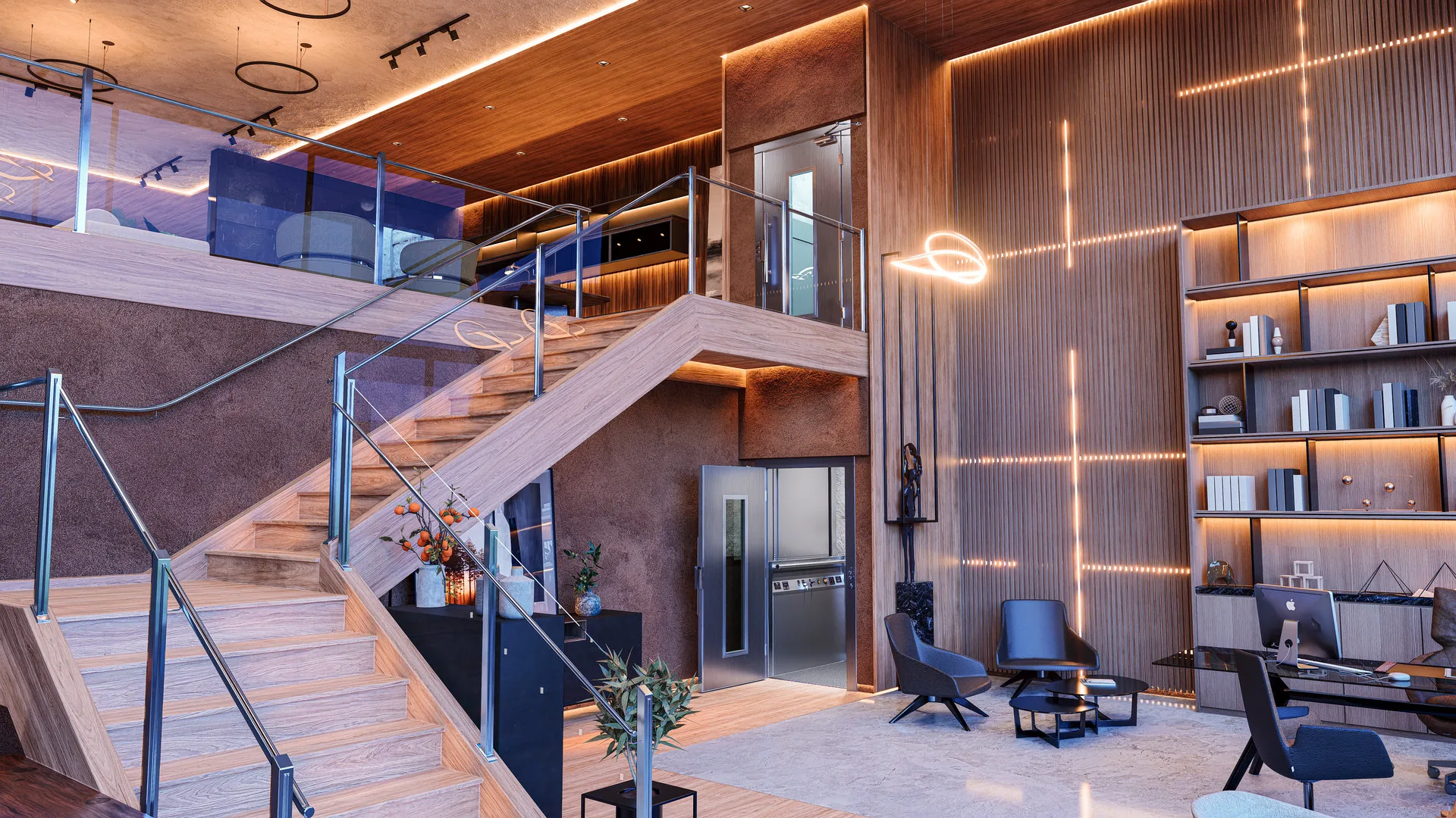 Plataforma Montele PL200 instalada em escritório corporativo de pé-direito duplo