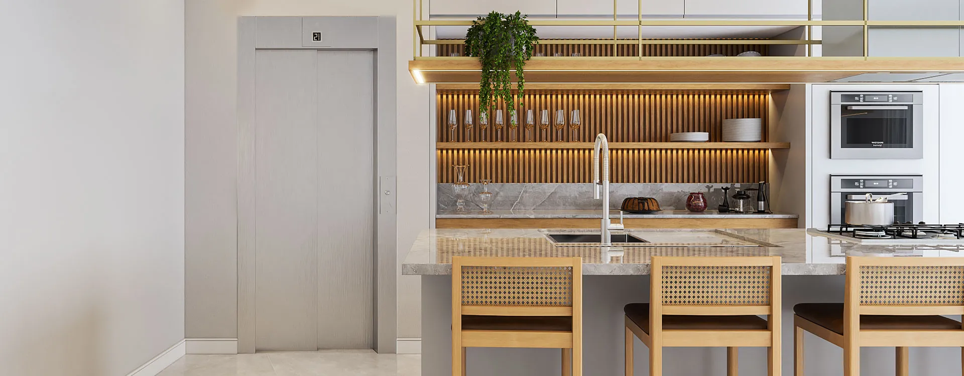 Projeto residencial — cozinha integrada com elevador Linha Home